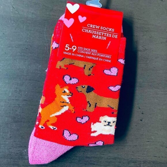 Valentine Dogs Hearts Adult Fun Socks - Picture 1 of 3